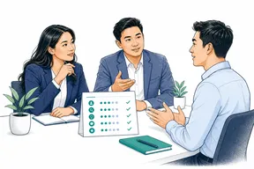 Interview panel evaluating a candidate with a scorecard