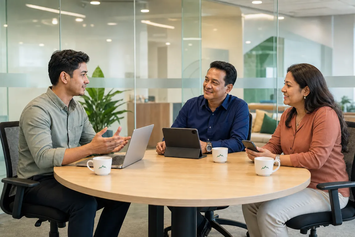 Three colleagues discussing HR and workforce planning around a meeting table in a modern corporate office