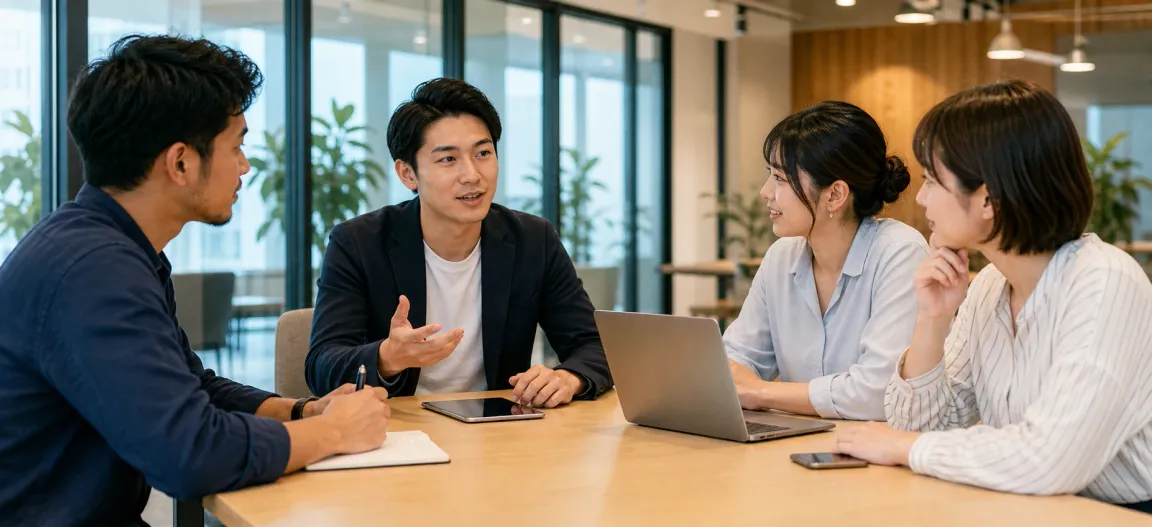 Young manager leading a collaborative meeting with an Asian and Nepali team