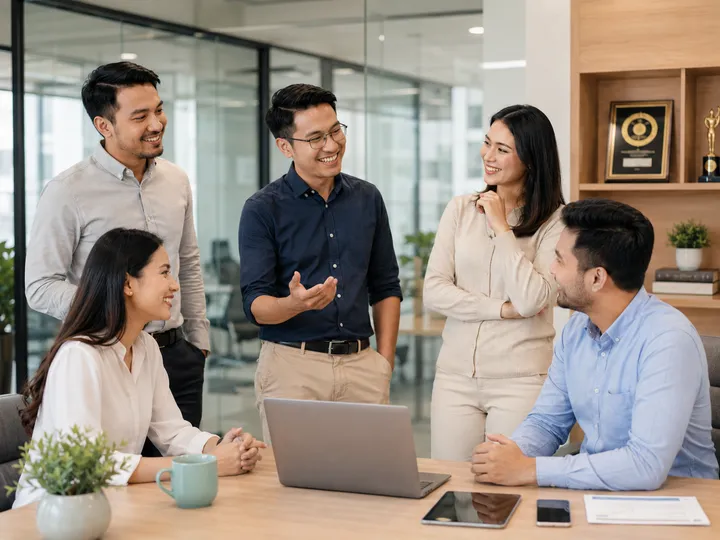 A workplace team collaborating around a shared employee record