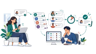 Illustration of an employee helpdesk request being categorized, assigned and closed