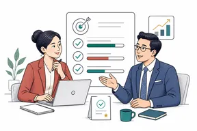 Flat illustration of a manager and employee discussing goals and feedback