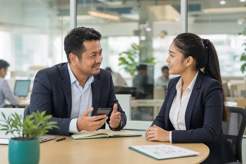 Manager giving encouraging performance feedback to a direct report in a modern office