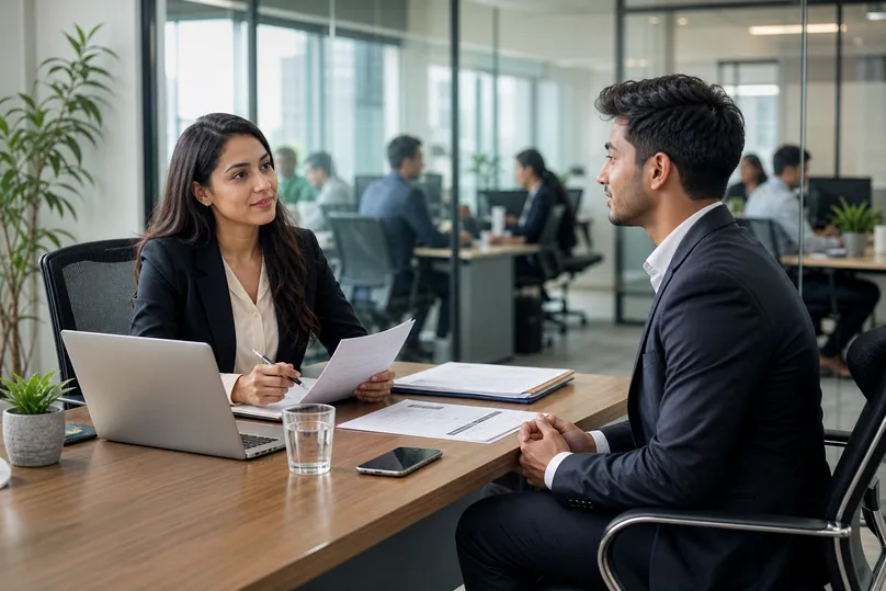 Young recruiter interviewing a candidate in a modern corporate office