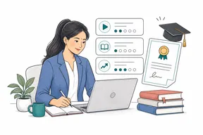 Flat illustration of an employee learning through courses on a laptop