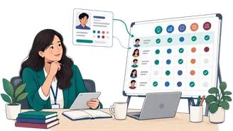 Illustration of a learning lead reviewing a role-based training matrix