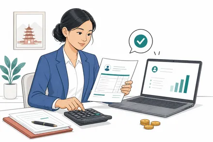 Flat illustration of a payroll specialist reviewing salary and tax details