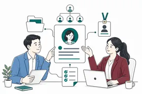 Flat illustration of HR colleagues connecting one employee record to organisation, documents, identity and workflow
