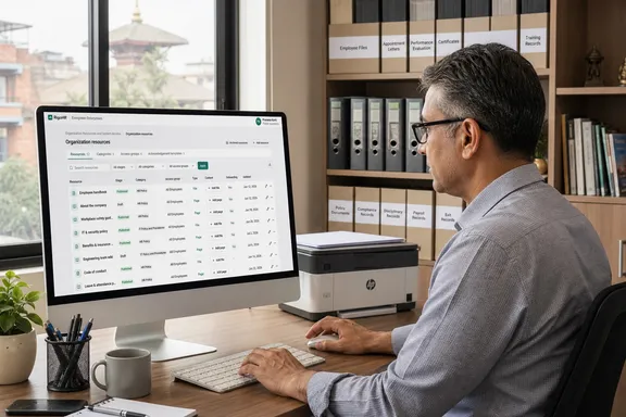 HR professional working in RigoHR organisation resources with filing cabinets and a printer in the office