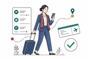 Flat illustration of an employee planning business travel with a suitcase and itinerary